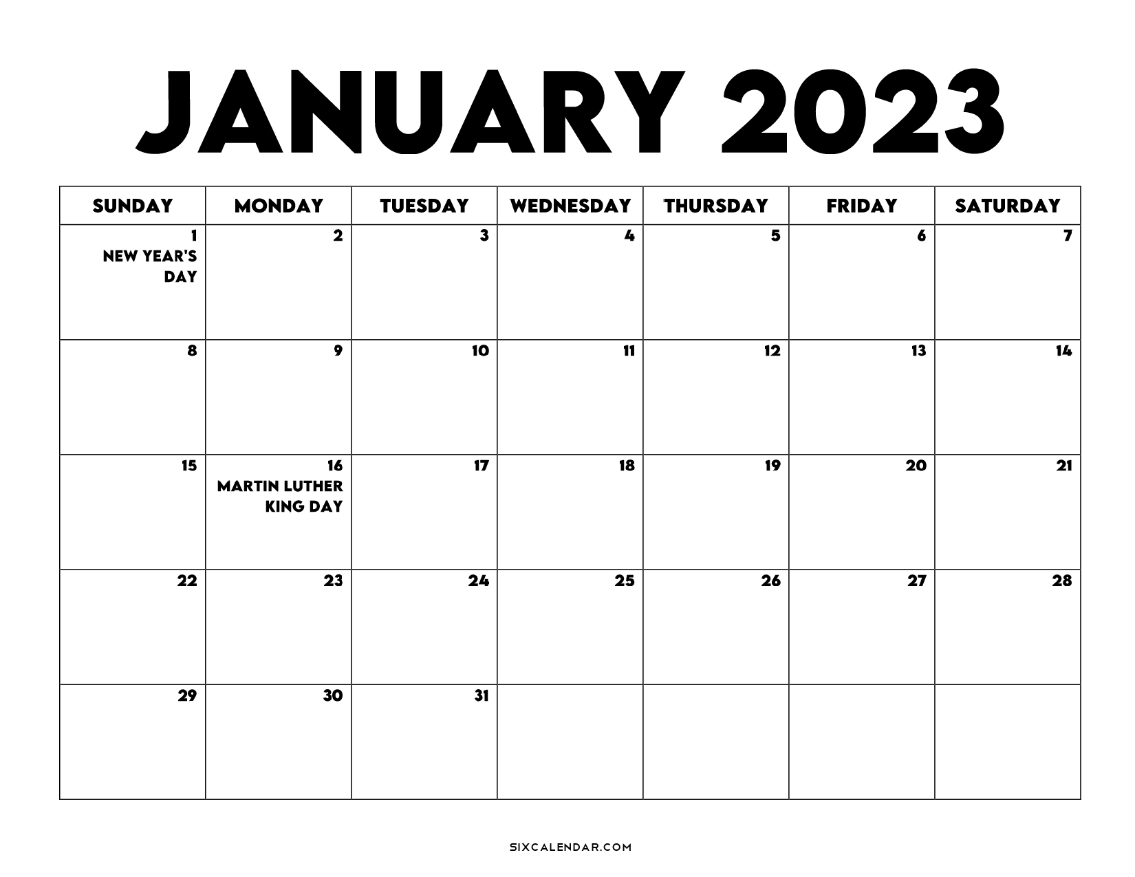 January 2023 Calendar PDF - January Calendar Printable with Holidays