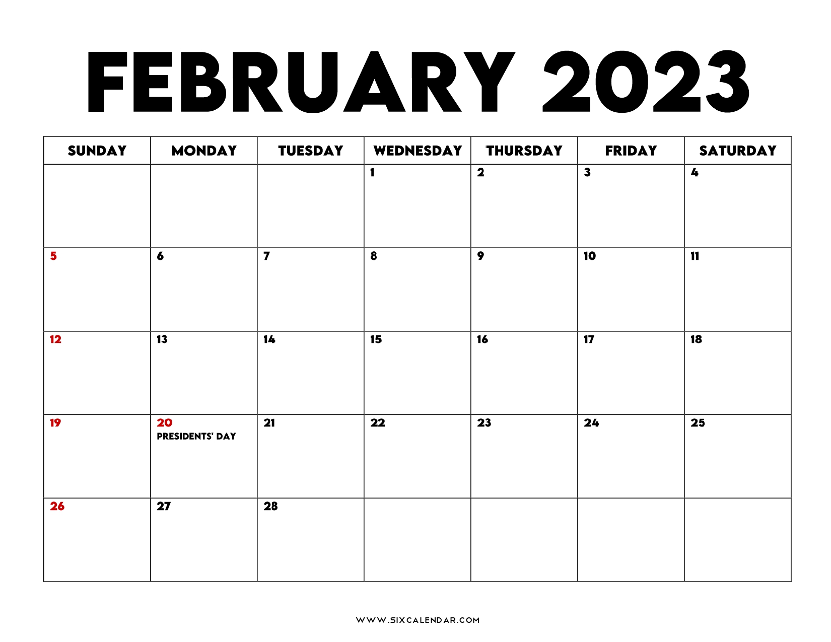 February 2023 Calendar PDF, February Calendar Printable with Holidays