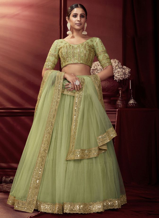 Light Pista Green Color Multi Thread With Mirror Work Wedding Wear Lehenga Choli