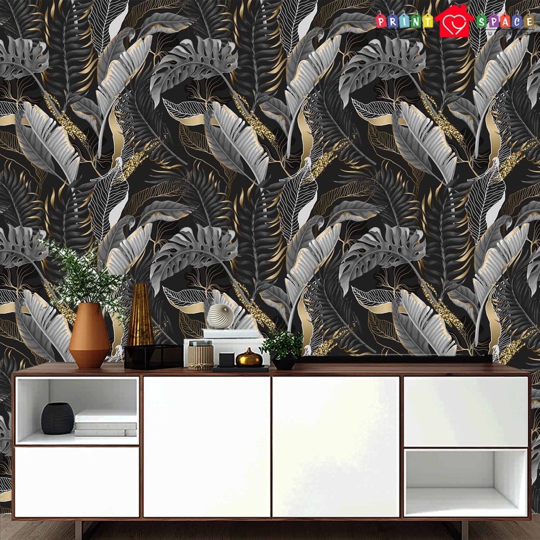 Tropical Leaves Gold Black 3D Wallpaper Traditional Non Woven - Etsy