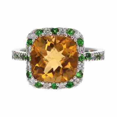 4.82 Carat Citrine Tsavorite Diamond 14 Karat White Gold Ring Profile Picture