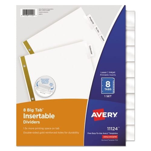 Avery Insertable Big Tab Dividers, 8-Tab, Double-Sided Gold Edge Reinforcing, 11 x 8.5, White, Clear Tabs, 1 Set (AVE11124) - Garafour