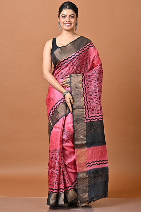 Strawberry Pink Color Pure Zari Tussar Silk Saree (She Saree 2696)