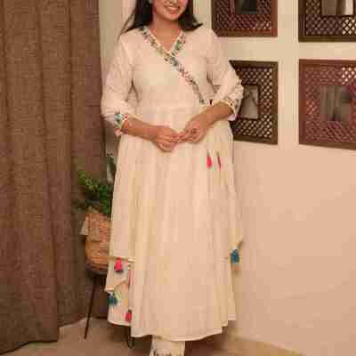 Off-White Dobby Cotton Anarkali Set #1480 Profile Picture